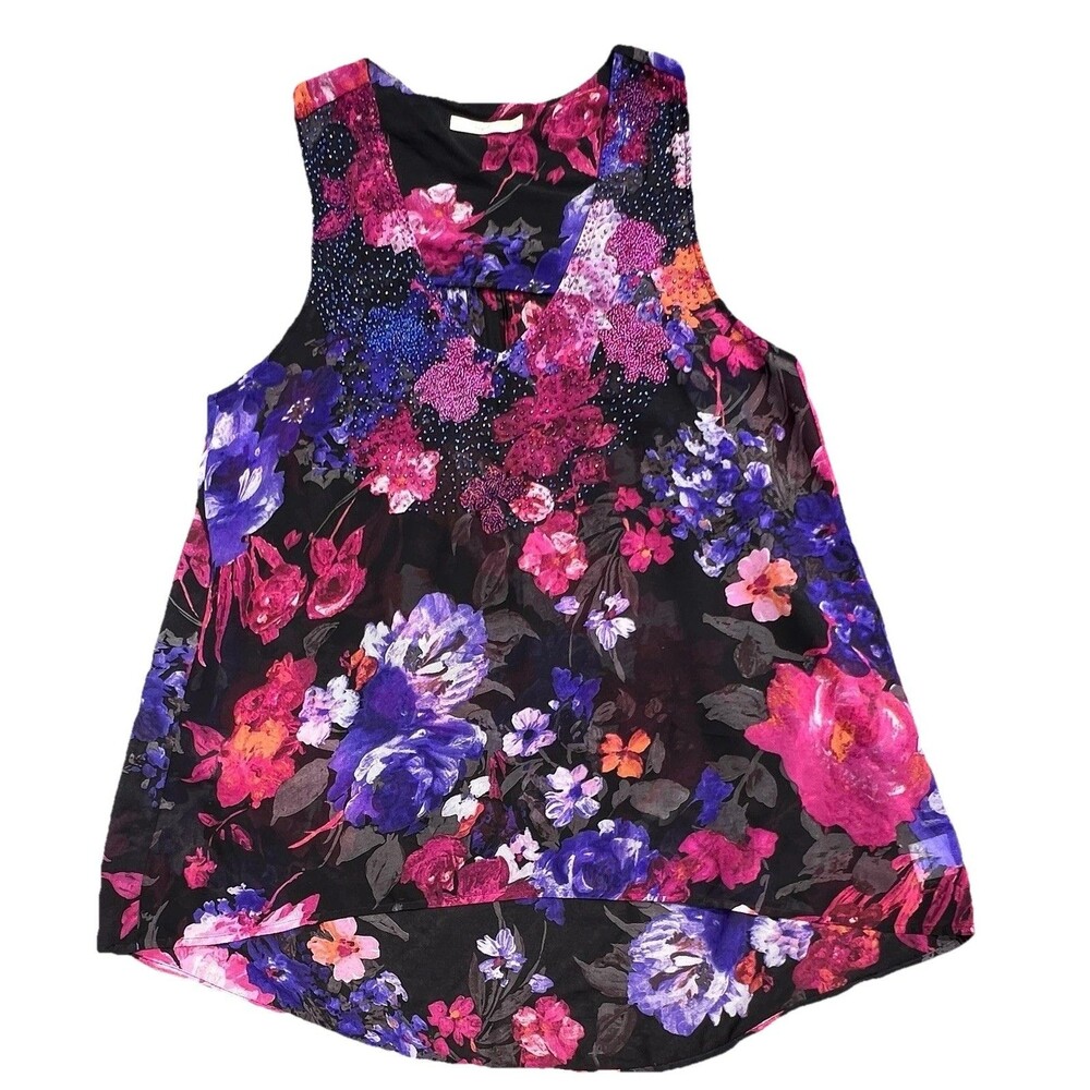 Hazel Women’s Beaded Sleeveless Floral Sheer Multi Colored Blouse Shirt Large